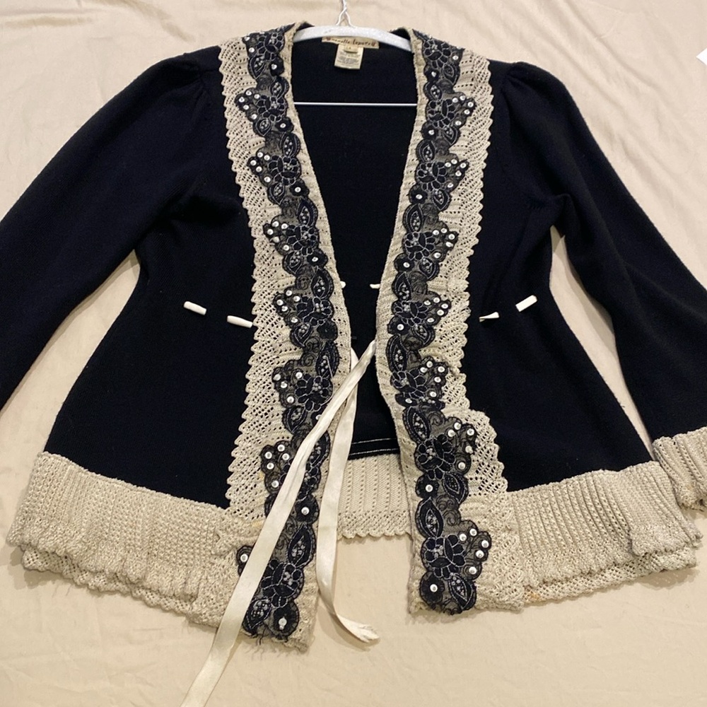 Nanette Lapore 2 piece embellished cardigan with crochet trim contrast. Small.
